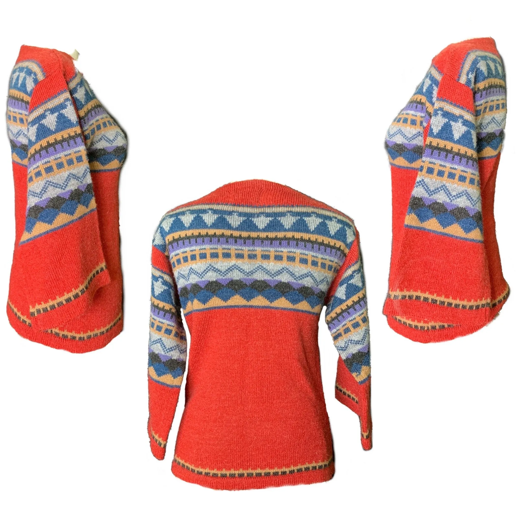 Vintage 1970s Southwestern Sweater by Western Fareast. Red Blue and Tan Aztec Design. Fall Fashion.