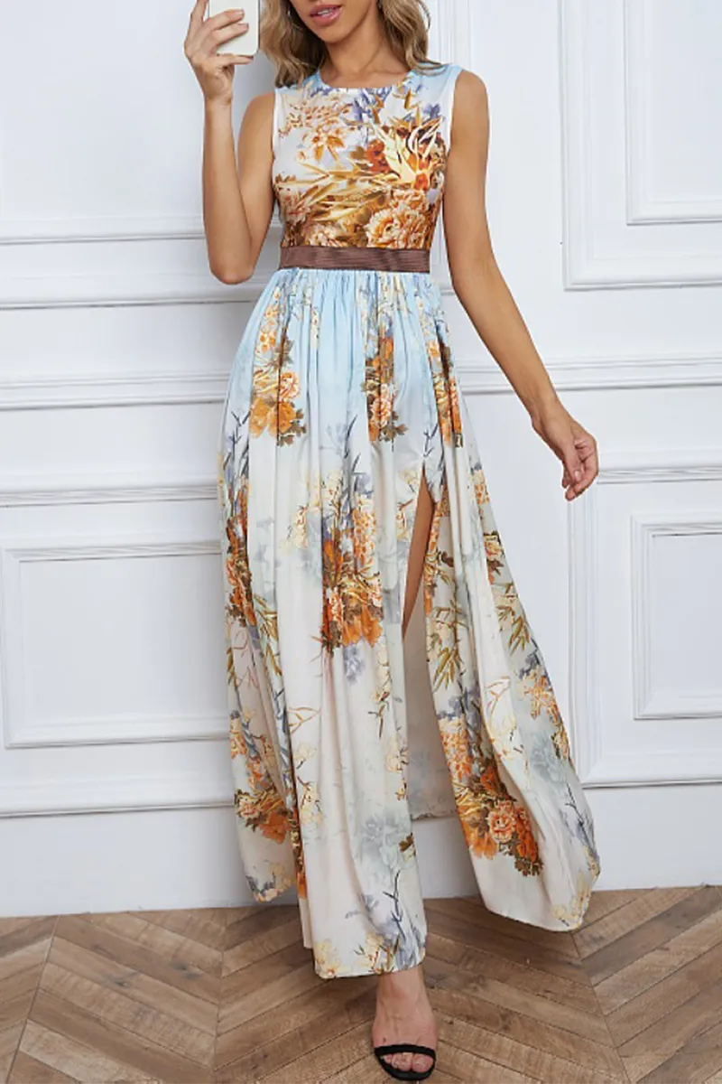 Vintage Elegant Print Slit O Neck Printed Dress Dresses