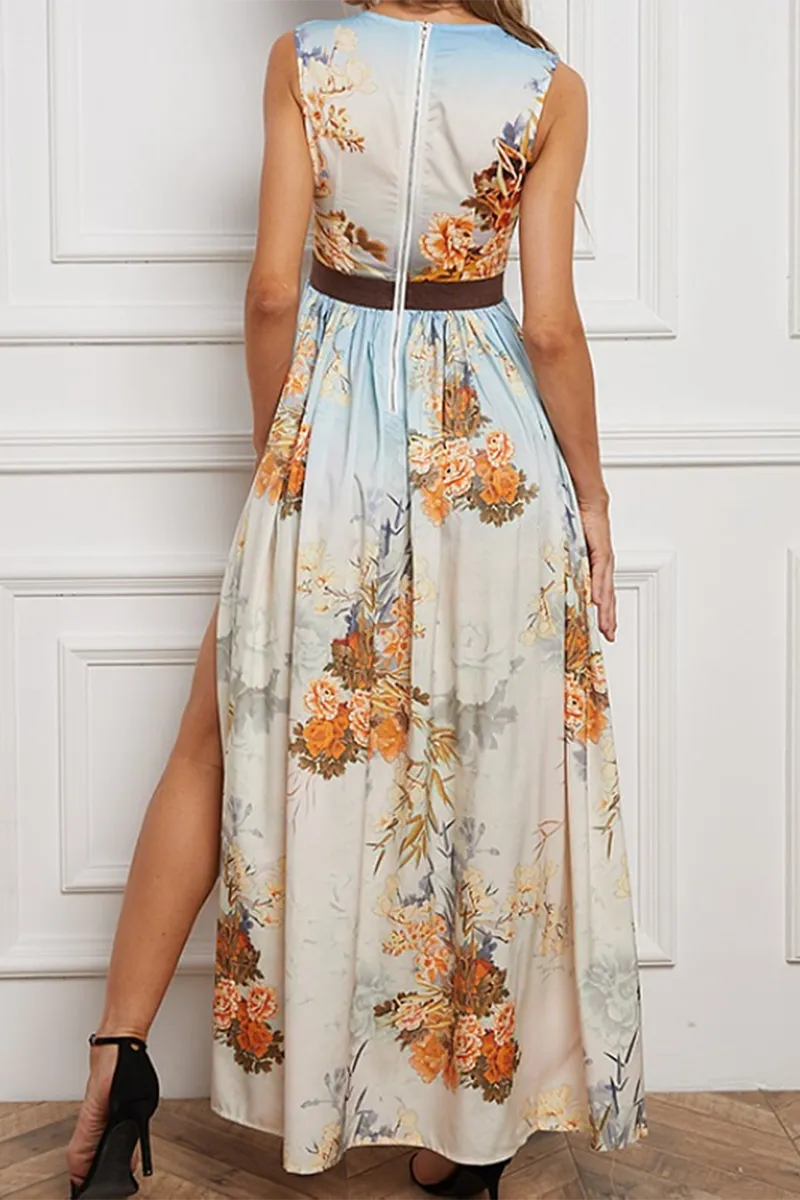 Vintage Elegant Print Slit O Neck Printed Dress Dresses