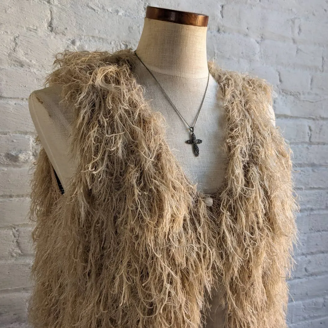 Vintage Retro 70s Penny Lane Shag Fringe Knit Boho Vest Neutral Groovy Sweater