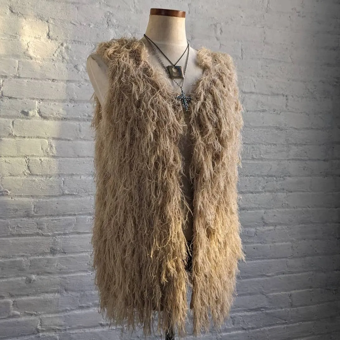 Vintage Retro 70s Penny Lane Shag Fringe Knit Boho Vest Neutral Groovy Sweater