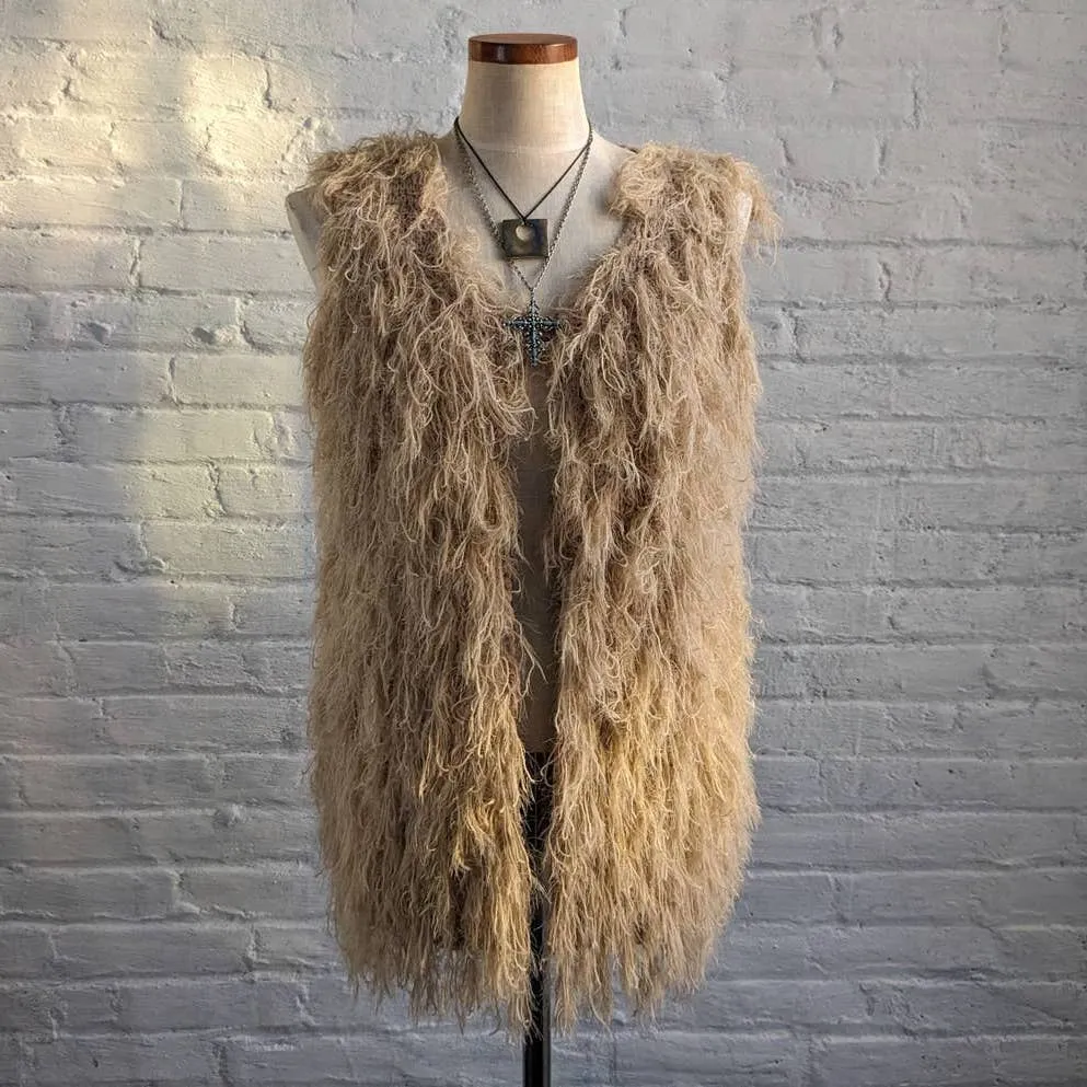 Vintage Retro 70s Penny Lane Shag Fringe Knit Boho Vest Neutral Groovy Sweater