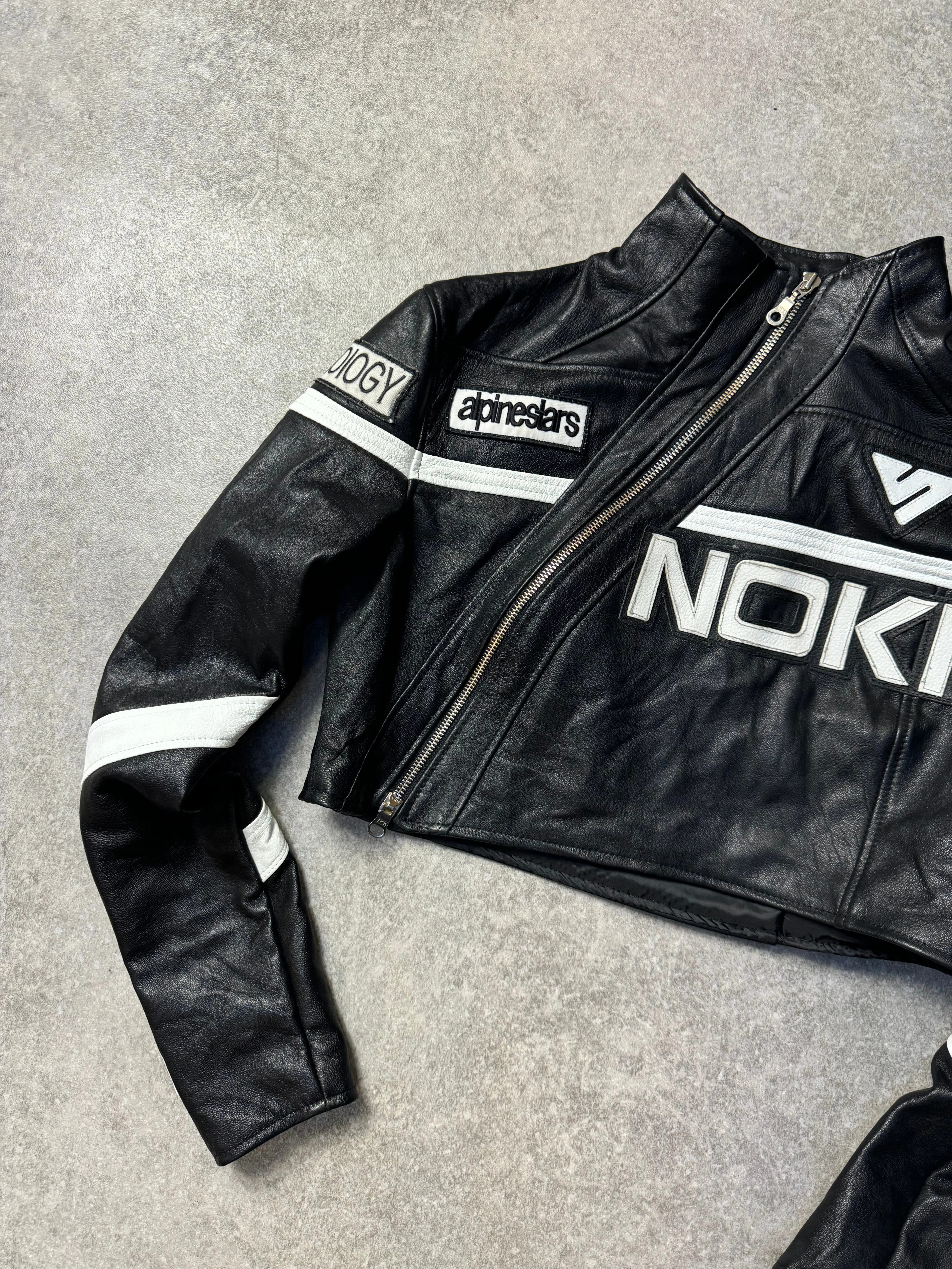 VT Rework: Nokia VT Logo Cropped Leather Racing Jacket