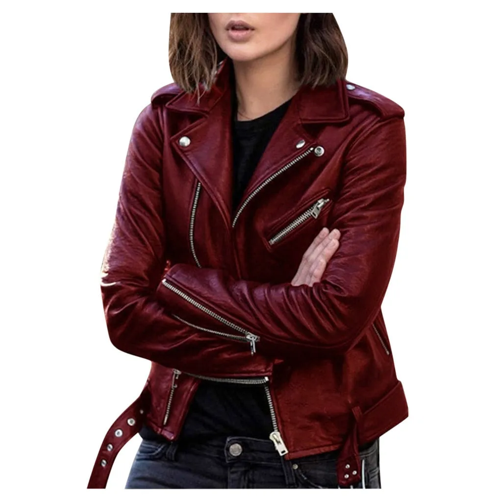 Wenkouban Women Faux Leather Jacket 2022 Fall New Long Sleeve Zipper Fitted Coat Fall Short Jacket Solid Lapel Female Moto Biker Jackets