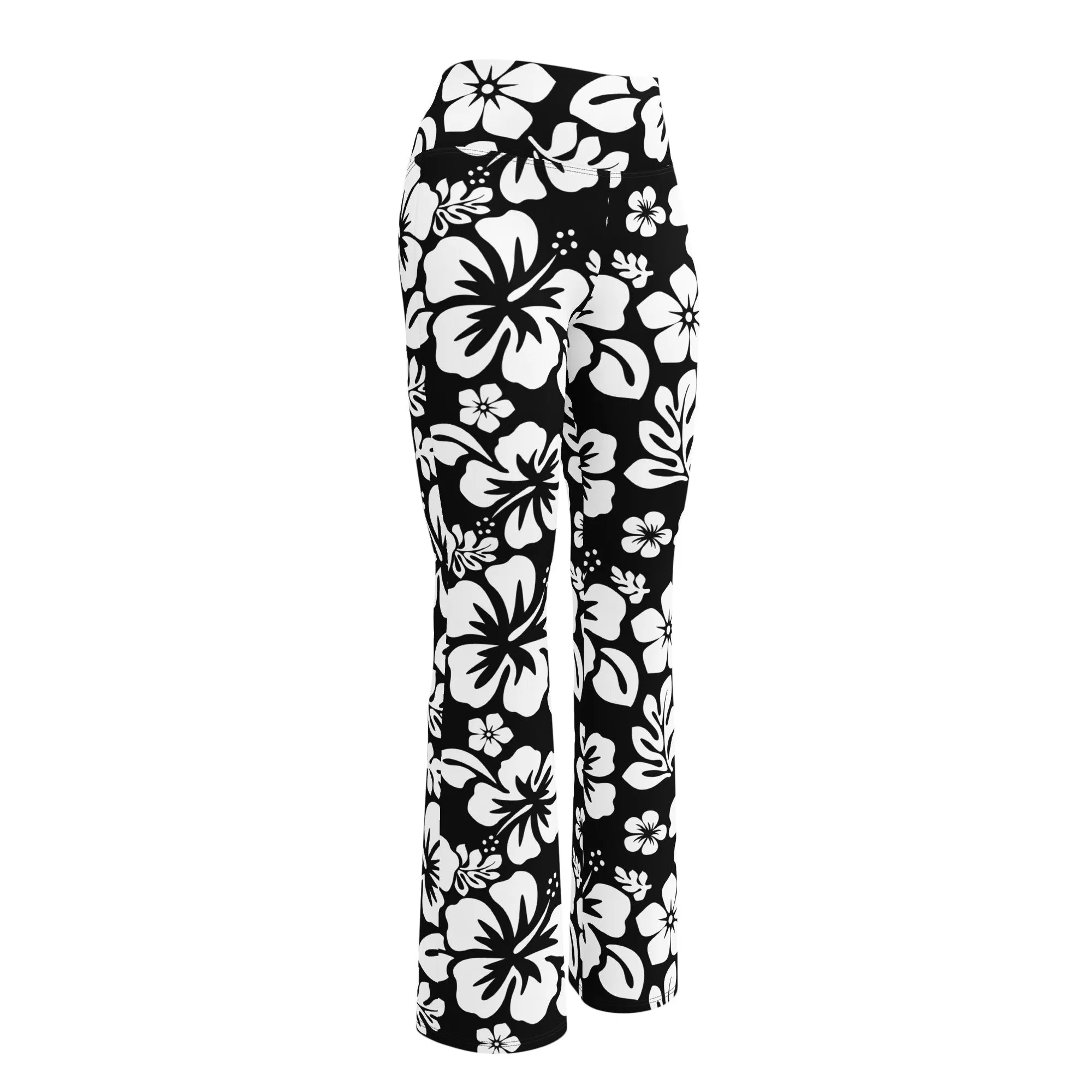 White and Black Hawaiian Flowers Flare Leggings