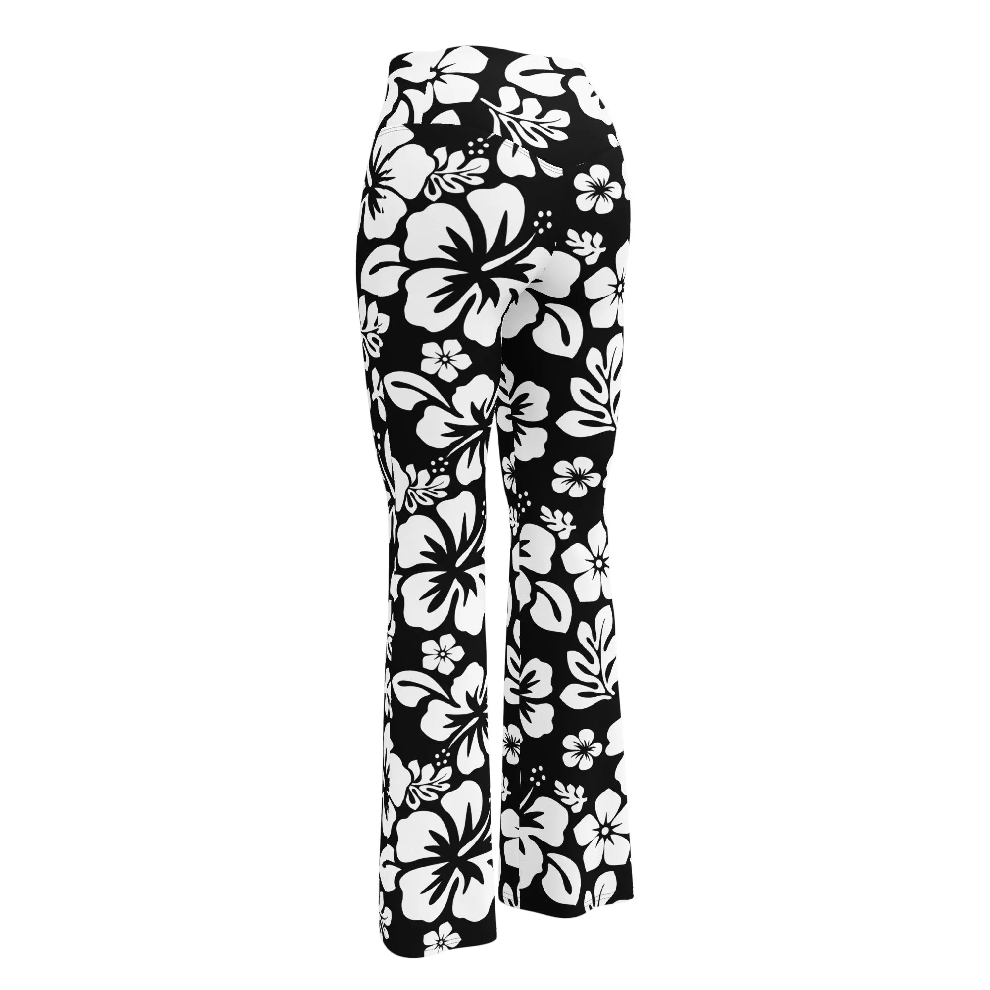 White and Black Hawaiian Flowers Flare Leggings