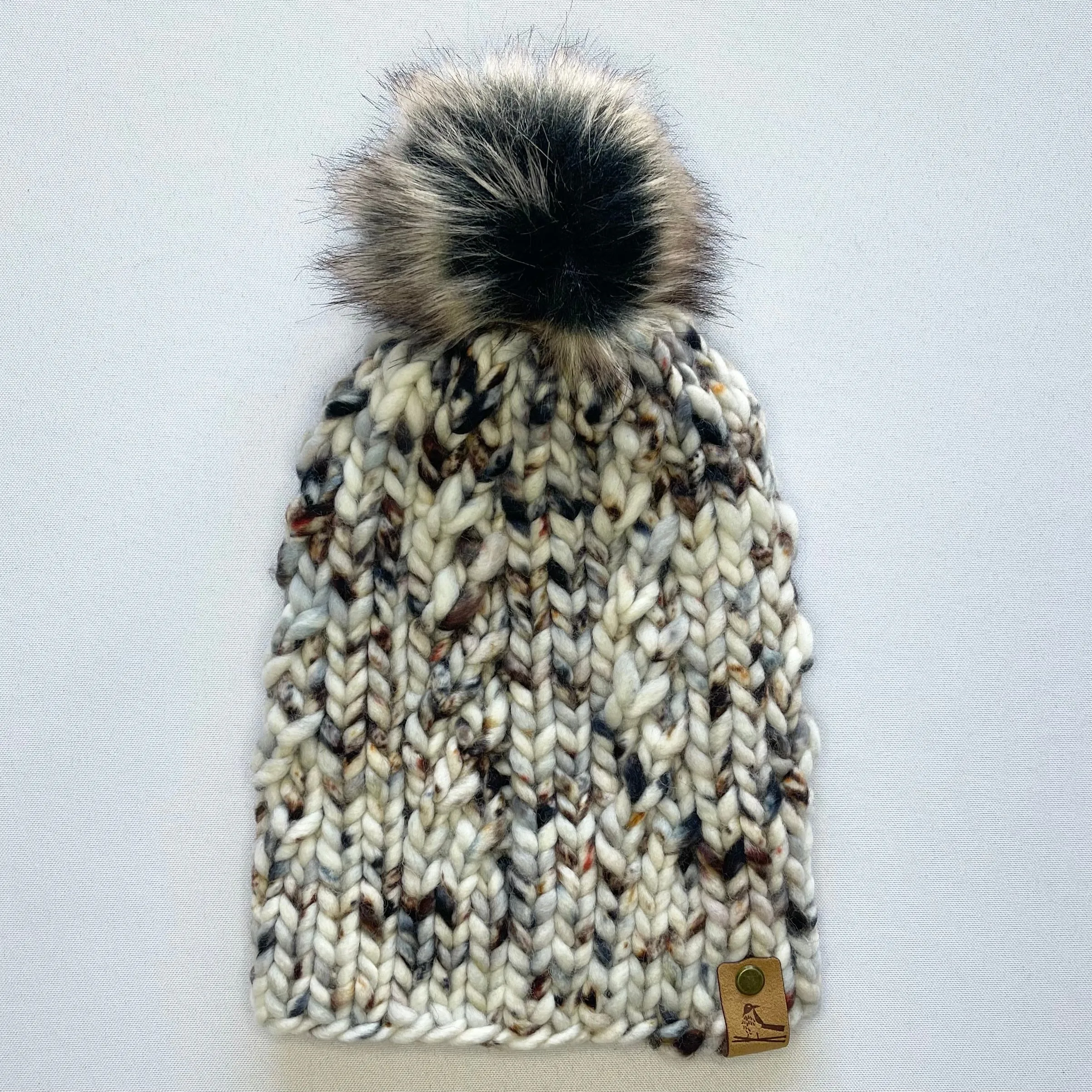 White Multi-Color Merino Wool Knit Hat with Faux Fur Pom Pom