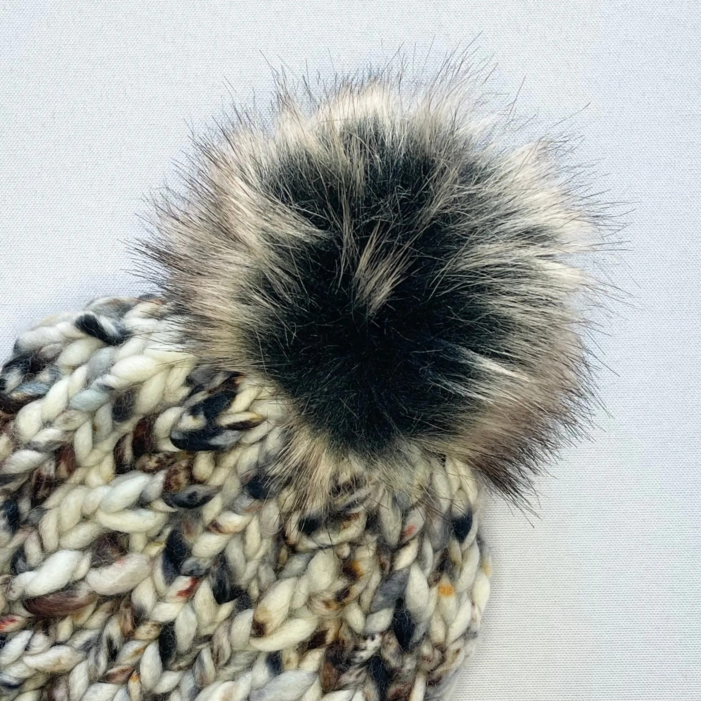 White Multi-Color Merino Wool Knit Hat with Faux Fur Pom Pom