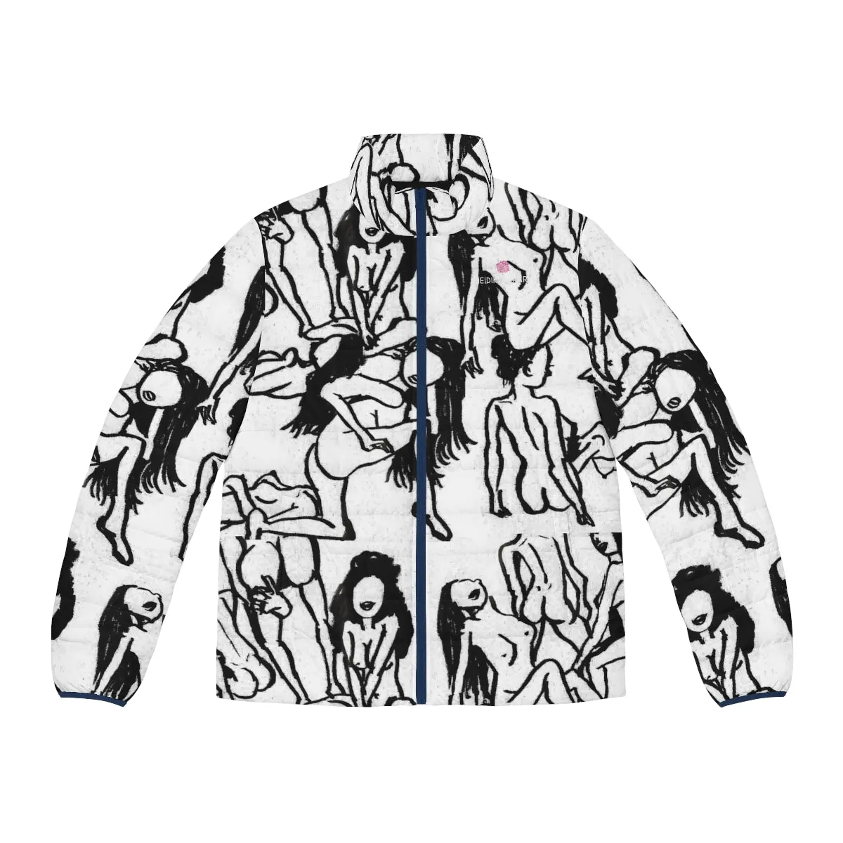 White Nude Art Men's Jacket, Best Regular Fit Polyester Men's Puffer Jacket With Stand Up Collar (US Size: S-2XL)