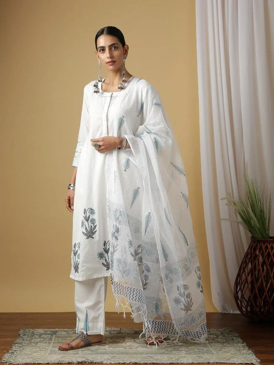 White Surajmukhi Neel Kurta With Pant & Dupatta (Set of 3)