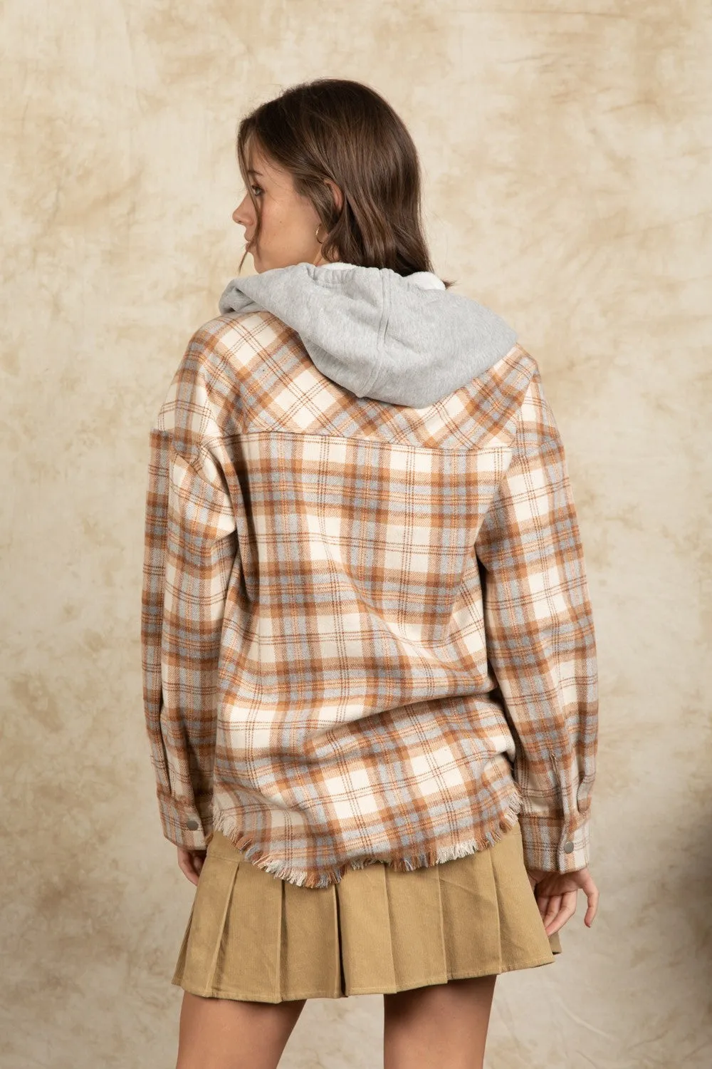 Winter Women Clothing Hooded Large Pocket Plaid Shacket