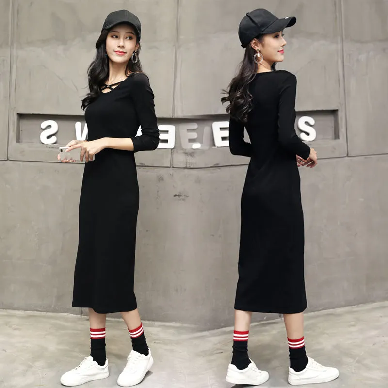 Wjczt Plush dress large women&#39;s autumn winter long sleeve crew neck solid color slim fit, Hip Wrap Sweater bottoming skirt