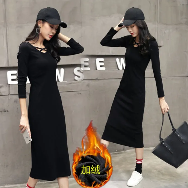 Wjczt Plush dress large women&#39;s autumn winter long sleeve crew neck solid color slim fit, Hip Wrap Sweater bottoming skirt