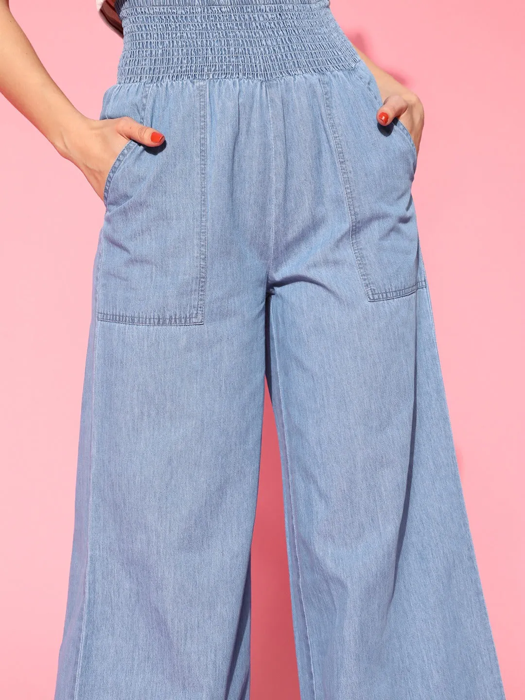 Women Ice Blue Denim Smocking Waist Flared Pants