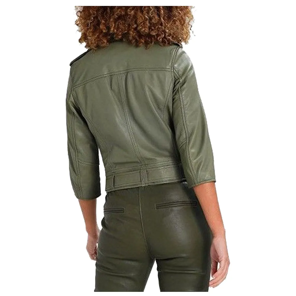 Women Olive Green Motorcycle Genuine Leather Jacket