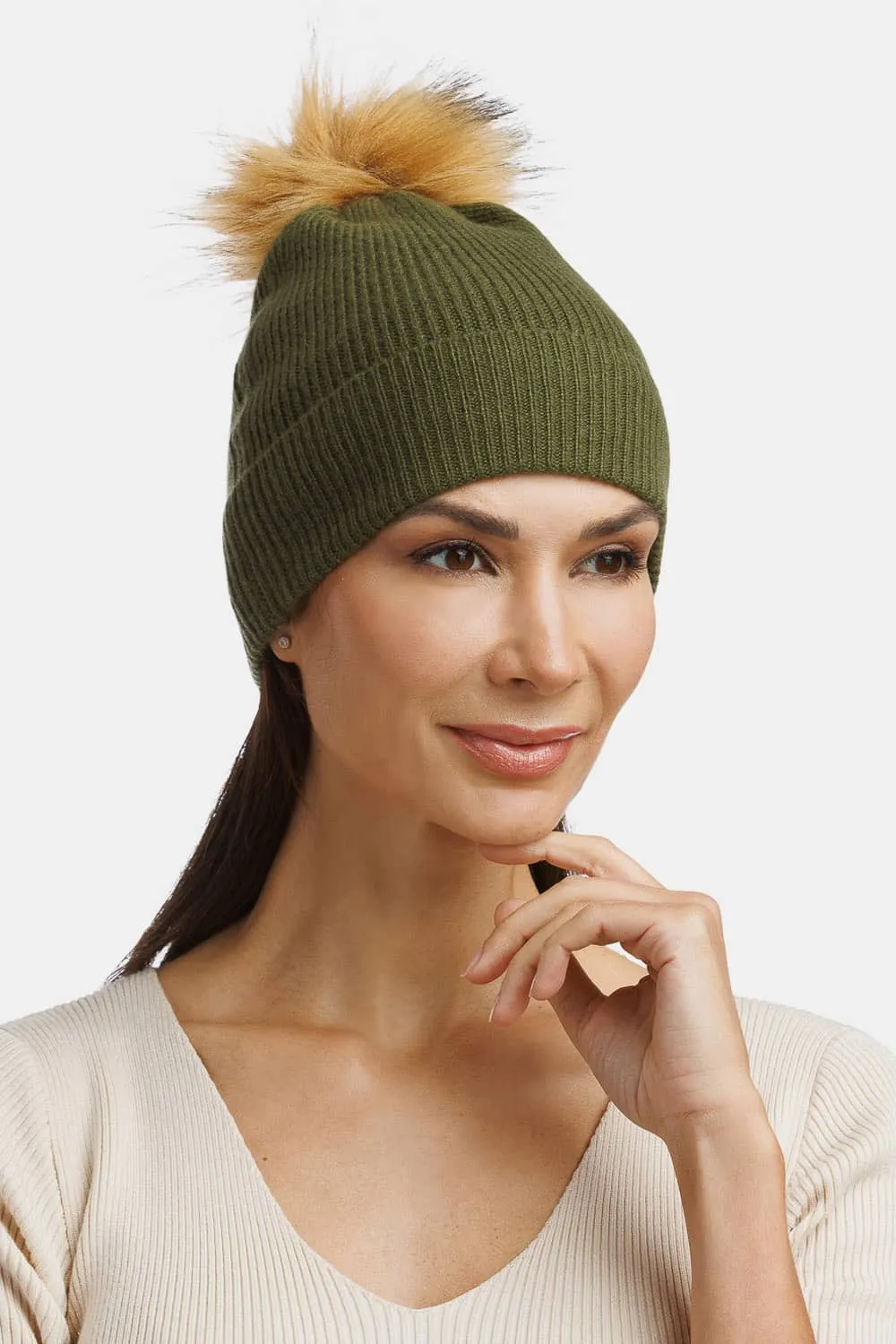 Women's 100% Pure Cashmere Pom Beanie Hat