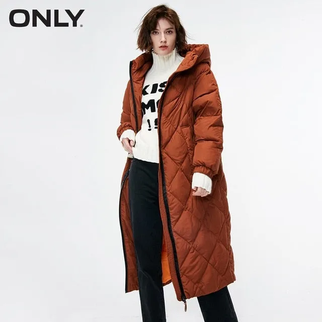 Women's Letter Print Zip Long Hooded Down Jacket