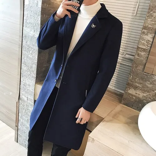 Woolen Fashion Men's Long Windbreaker Coat