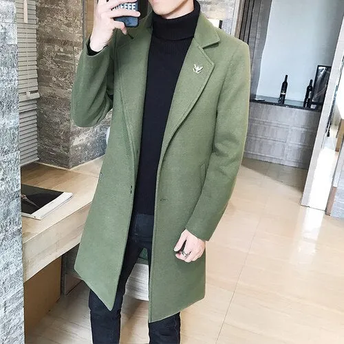 Woolen Fashion Men's Long Windbreaker Coat