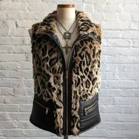 Y2K Faux Fur Leopard Print Vest Vegan Leather Cheetah Shaggy Plush Jacket Top