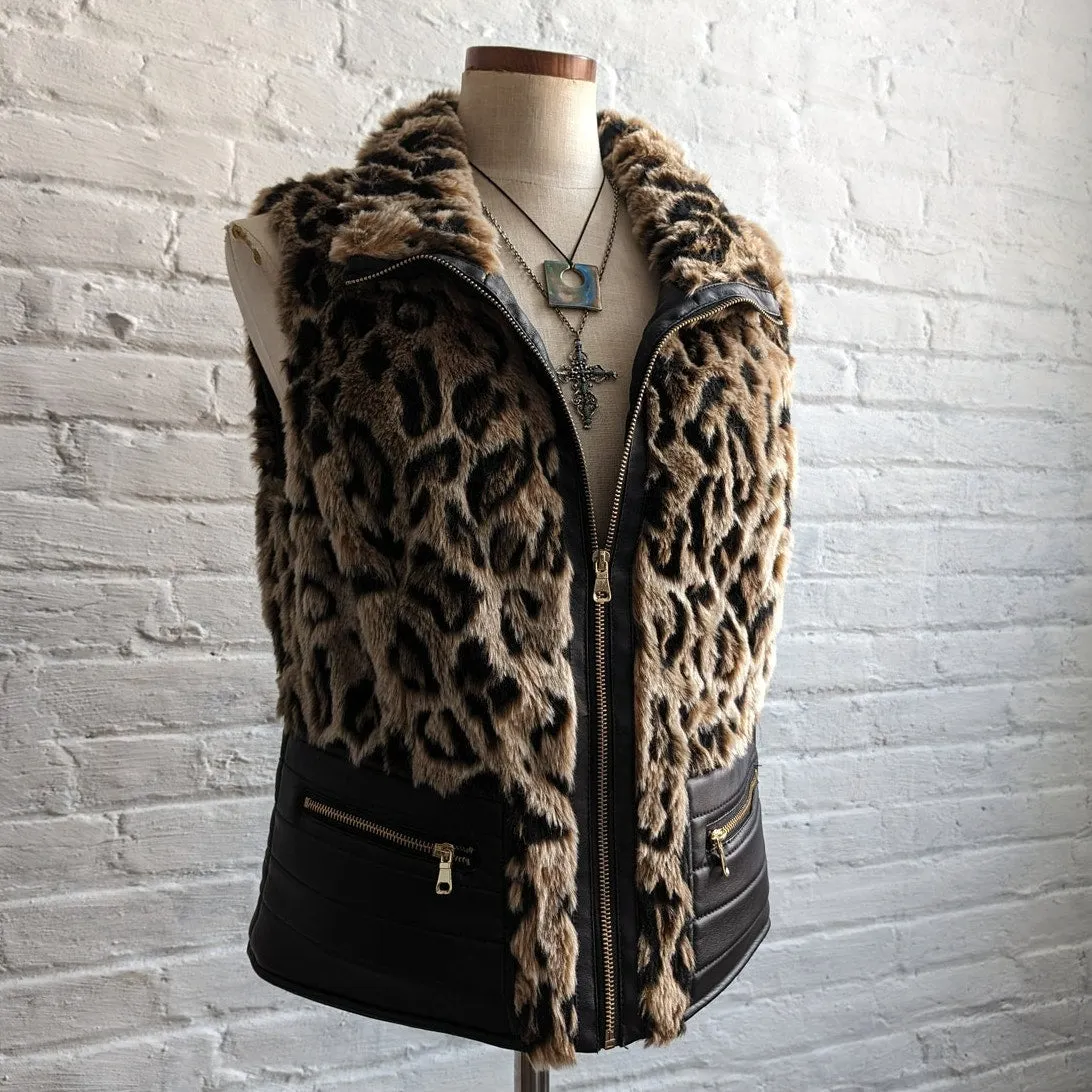 Y2K Faux Fur Leopard Print Vest Vegan Leather Cheetah Shaggy Plush Jacket Top