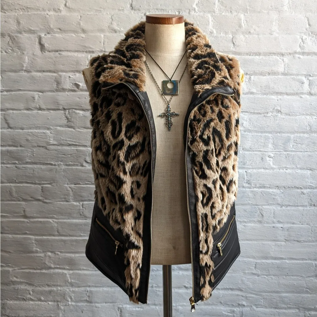 Y2K Faux Fur Leopard Print Vest Vegan Leather Cheetah Shaggy Plush Jacket Top