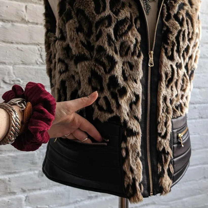 Y2K Faux Fur Leopard Print Vest Vegan Leather Cheetah Shaggy Plush Jacket Top