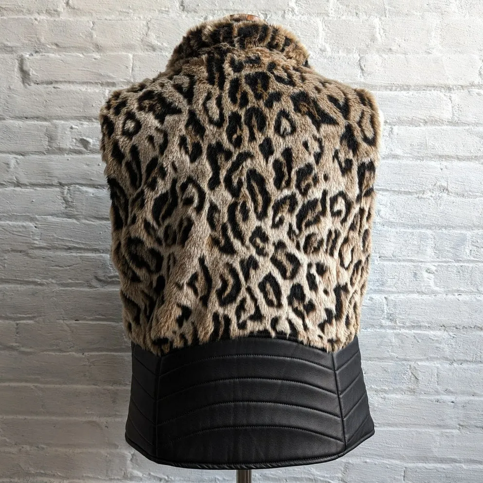 Y2K Faux Fur Leopard Print Vest Vegan Leather Cheetah Shaggy Plush Jacket Top