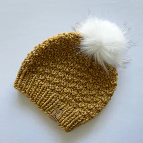 Yellow Ochre Knit Hat with Faux Fur Pom Pom