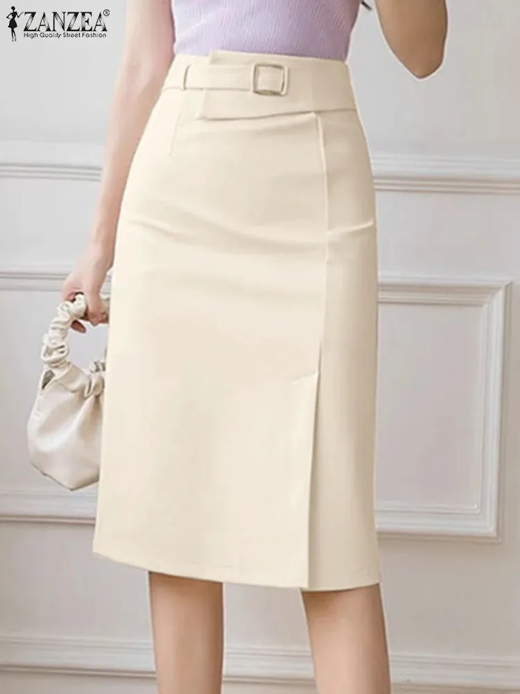 ZANZEA Fashion Pencil Skirt Woman Vintage Zipper Midi Skirts Elegant Work Slim Overskirts Female Split Hem Button Solid Dresses