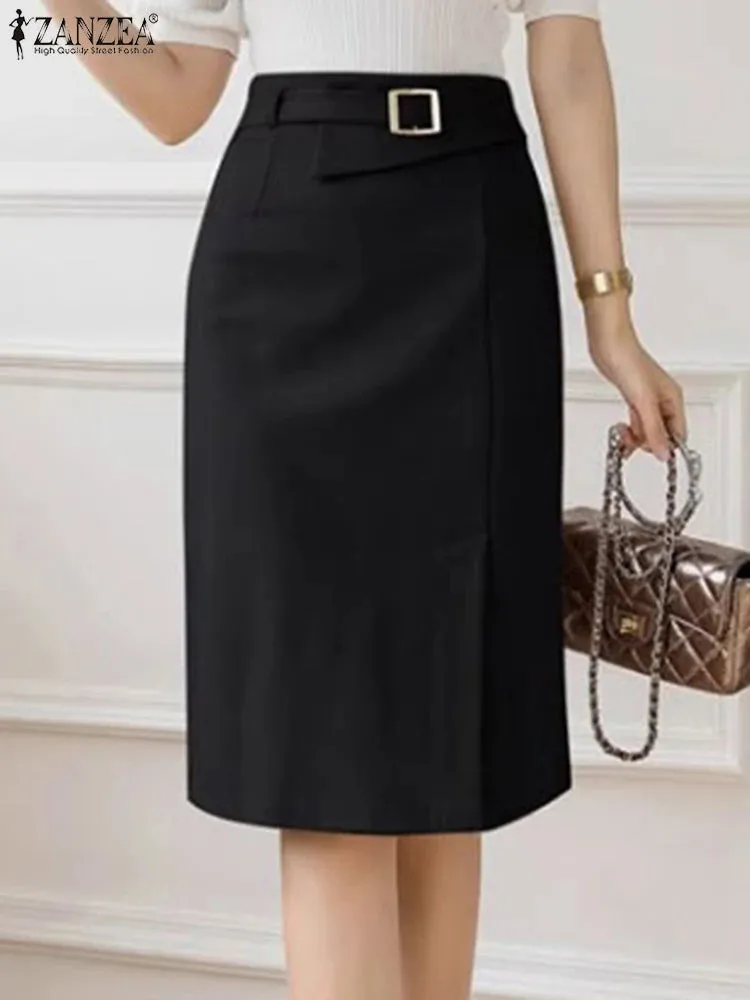 ZANZEA Fashion Pencil Skirt Woman Vintage Zipper Midi Skirts Elegant Work Slim Overskirts Female Split Hem Button Solid Dresses