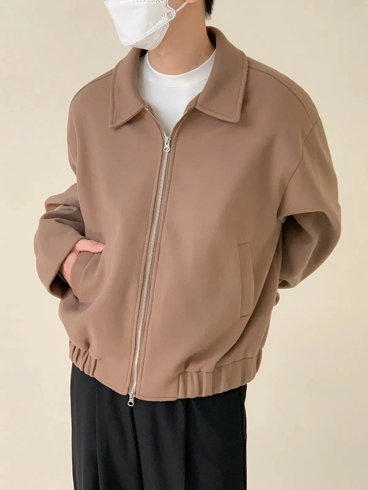 Zhou Solid Lapel Zip-Up Jacket